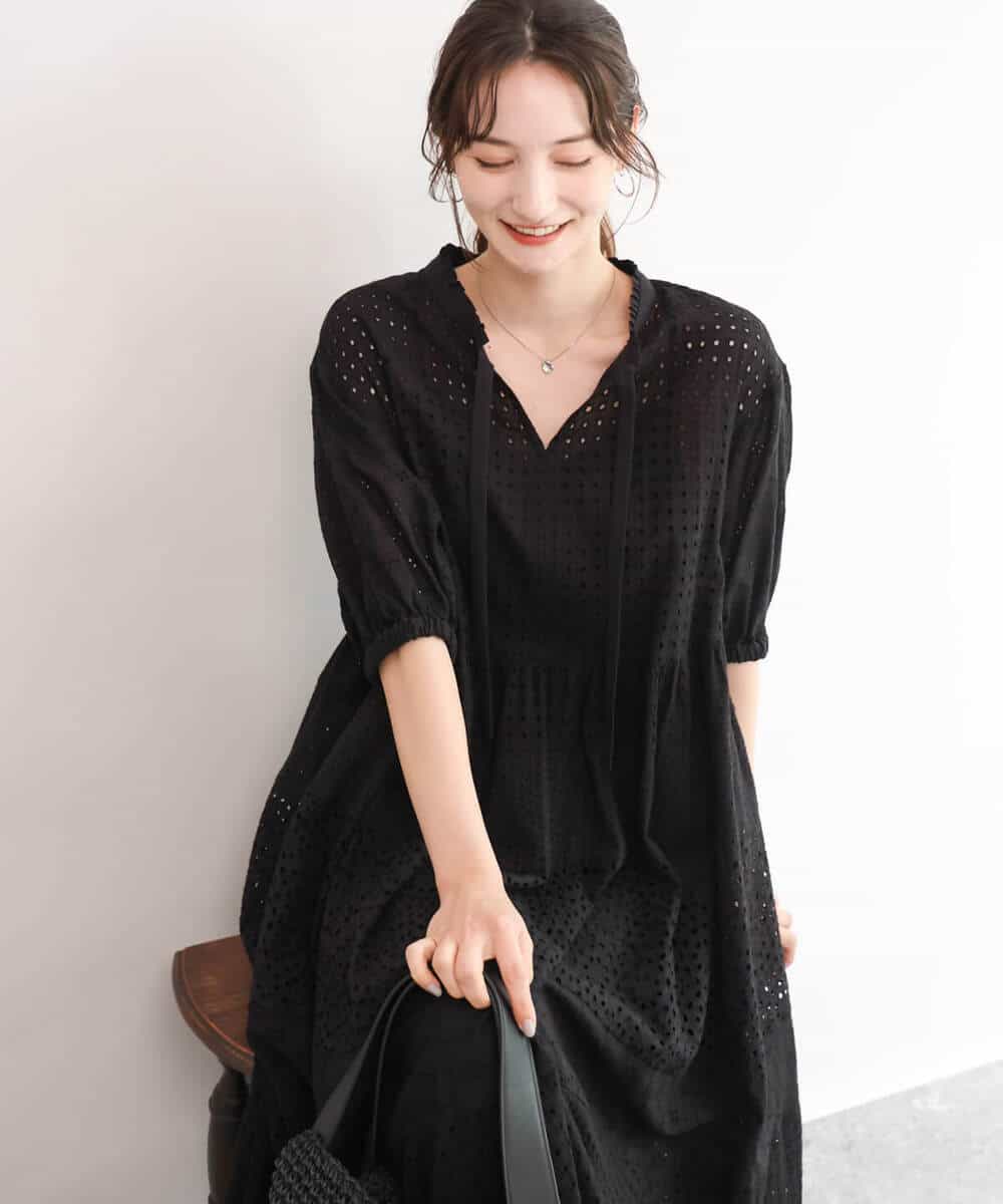 FKEJD71260 MK MICHEL KLEIN(MK ミッシェルクラン) [洗える]パッチワークコットンレースワンピース ブラック