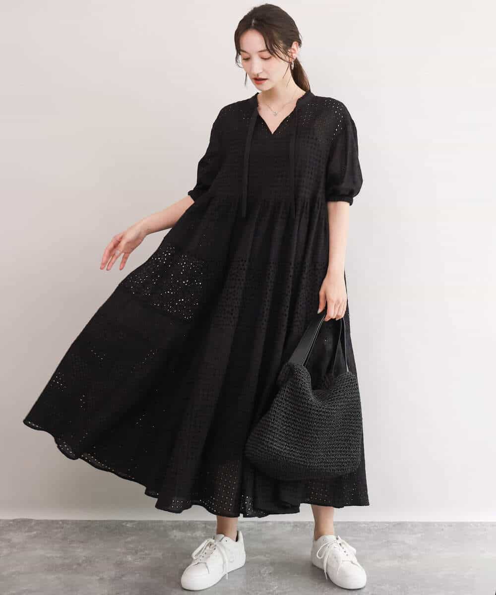 FKEJD71260 MK MICHEL KLEIN(MK ミッシェルクラン) [洗える]パッチワークコットンレースワンピース ブラック