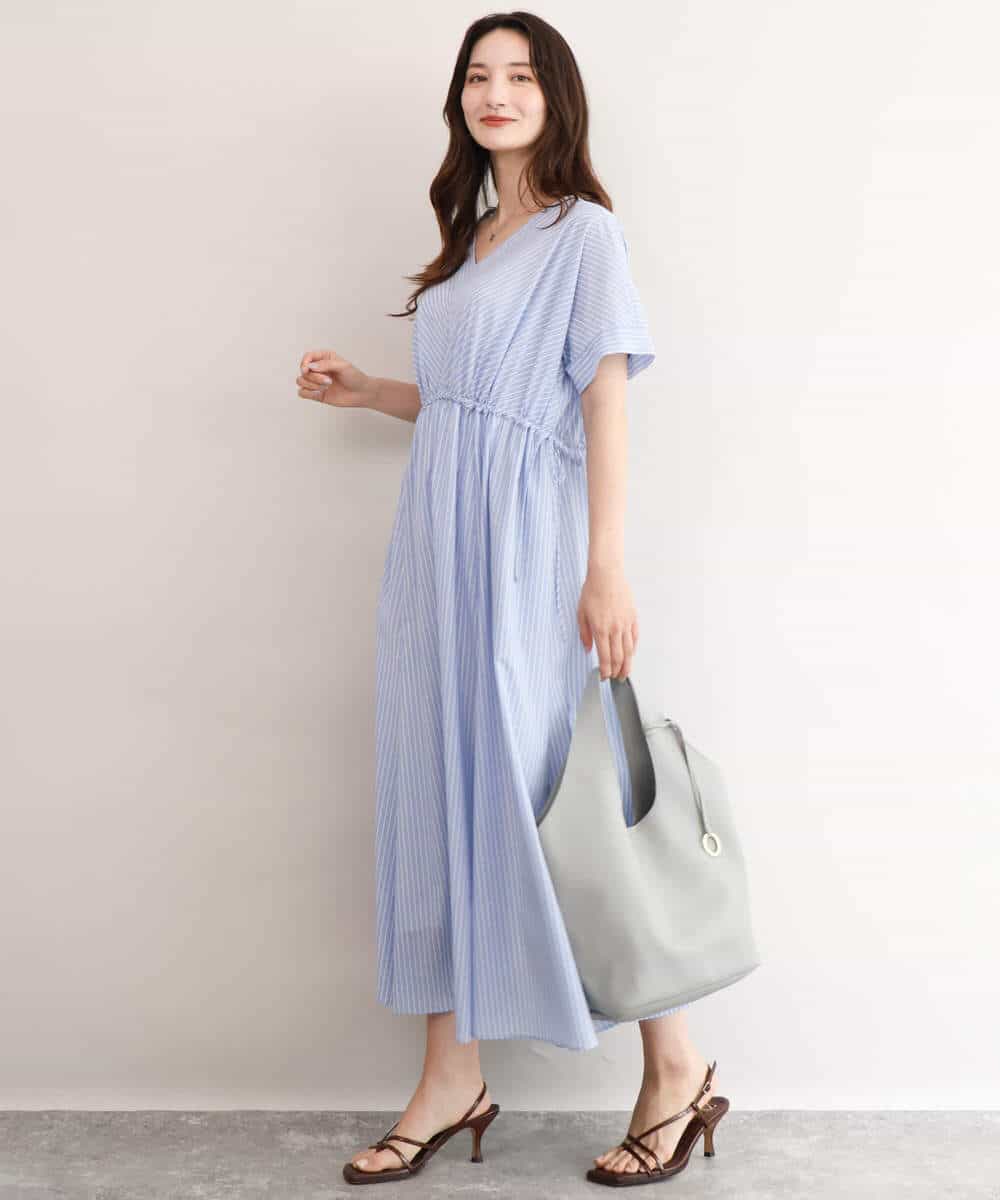 FKEJD77230 MK MICHEL KLEIN(MK ミッシェルクラン) [接触冷感/透湿性/洗える]ストライプ柄V開きワンピース ネイビー