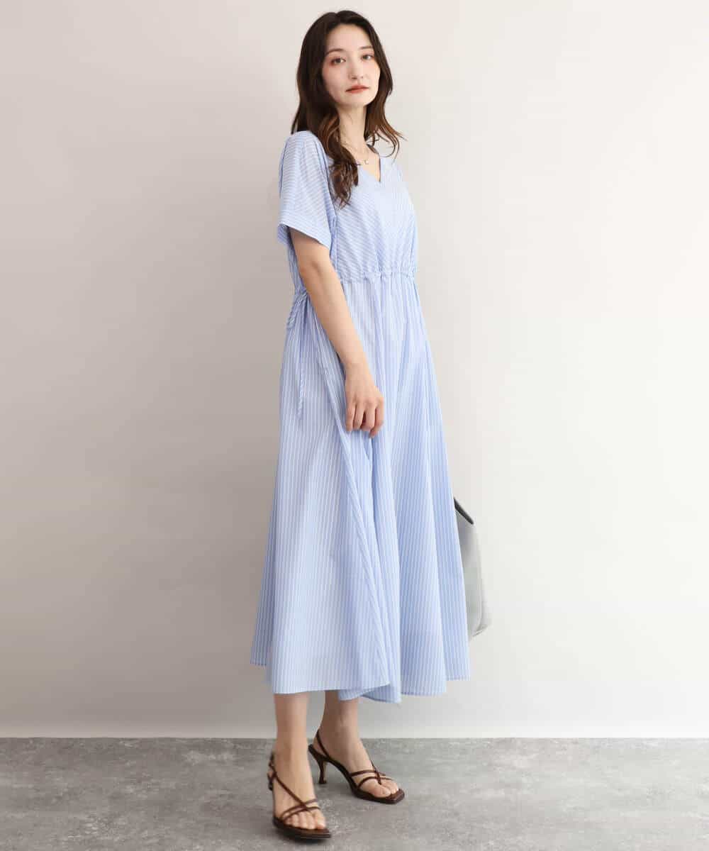 FKEJD77230 MK MICHEL KLEIN(MK ミッシェルクラン) [接触冷感/透湿性/洗える]ストライプ柄V開きワンピース ネイビー