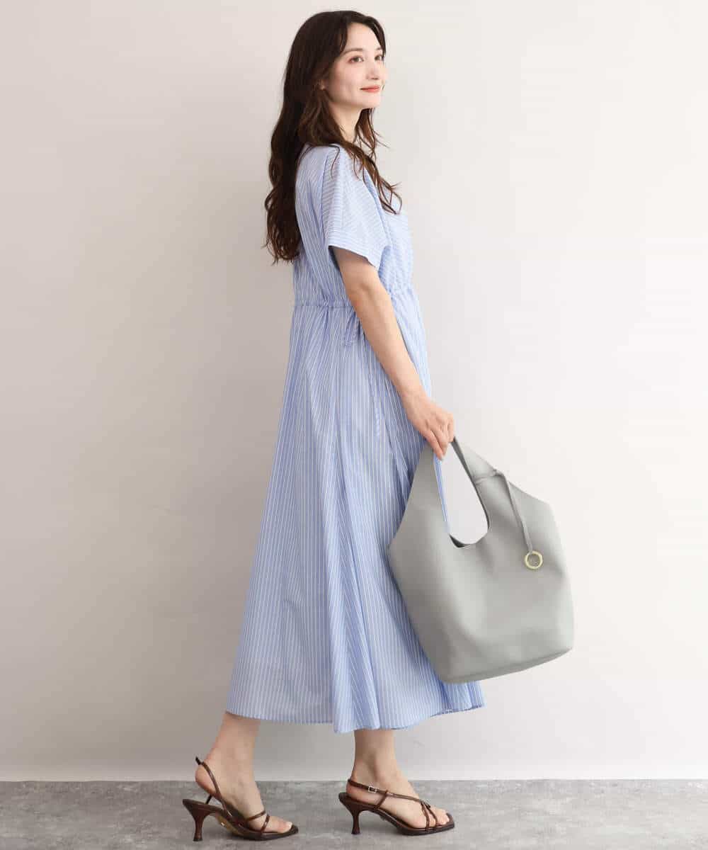 FKEJD77230 MK MICHEL KLEIN(MK ミッシェルクラン) [接触冷感/透湿性/洗える]ストライプ柄V開きワンピース ネイビー