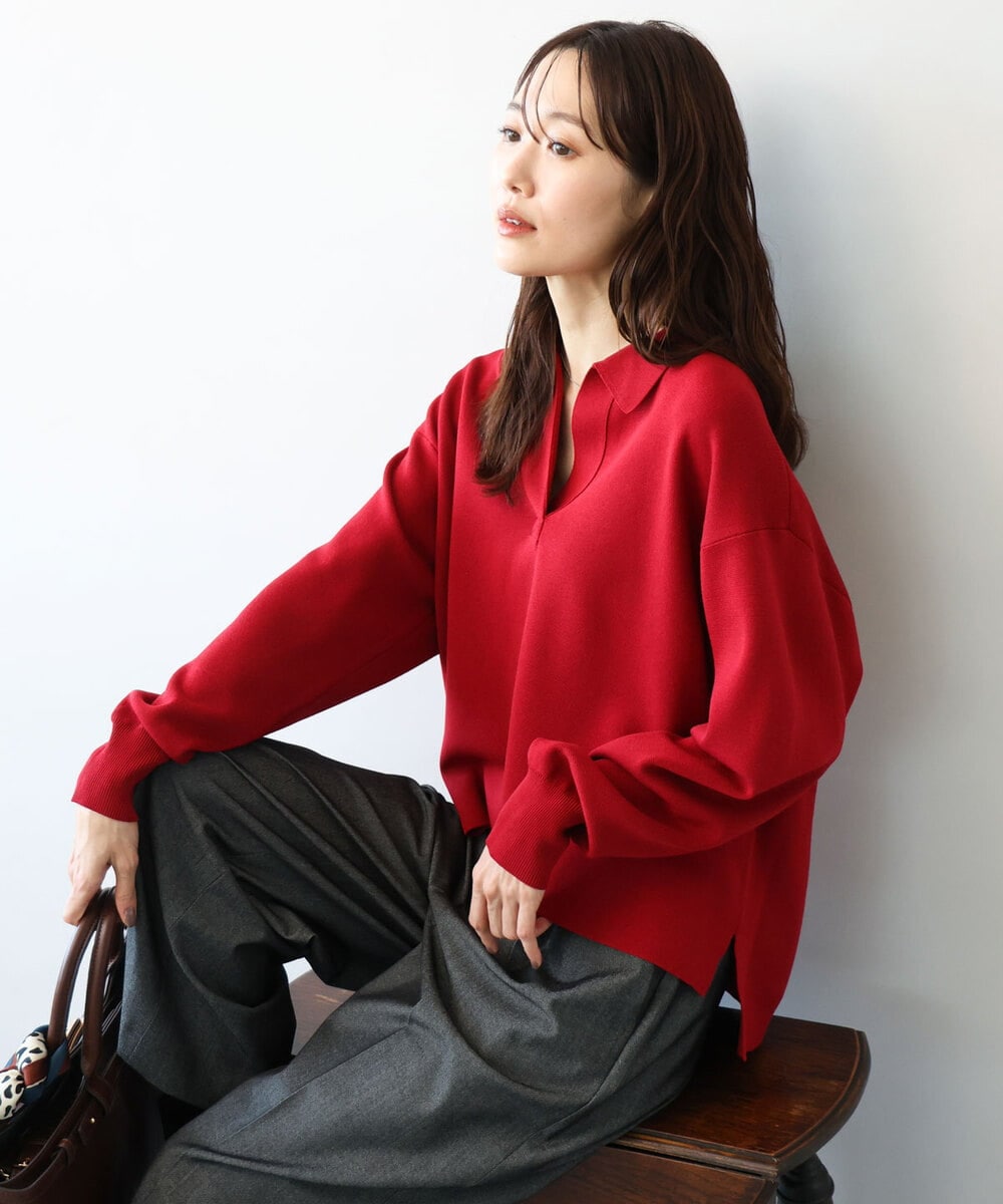 FKFAG42160 MK MICHEL KLEIN(MK ミッシェルクラン) [洗える]衿付きラガーニット レッド