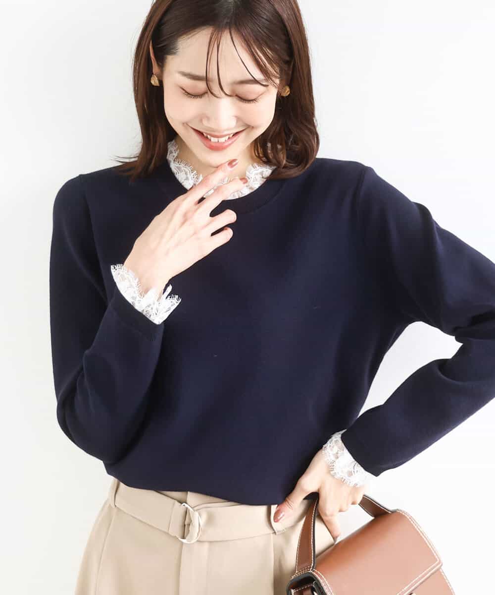 FKFDD11140 MK MICHEL KLEIN(MK ミッシェルクラン) [洗える]レースデザインコンパクトニット ネイビー
