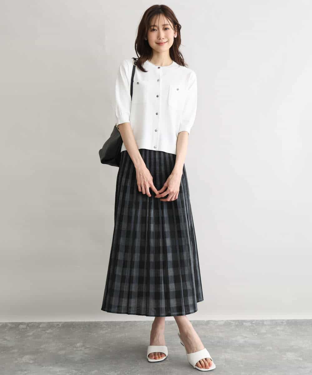 FKHGD52140 MK MICHEL KLEIN(MK ミッシェルクラン) [洗える]シアーチェックストライプ柄リバーシブルスカート ベージュ×ライトグレー