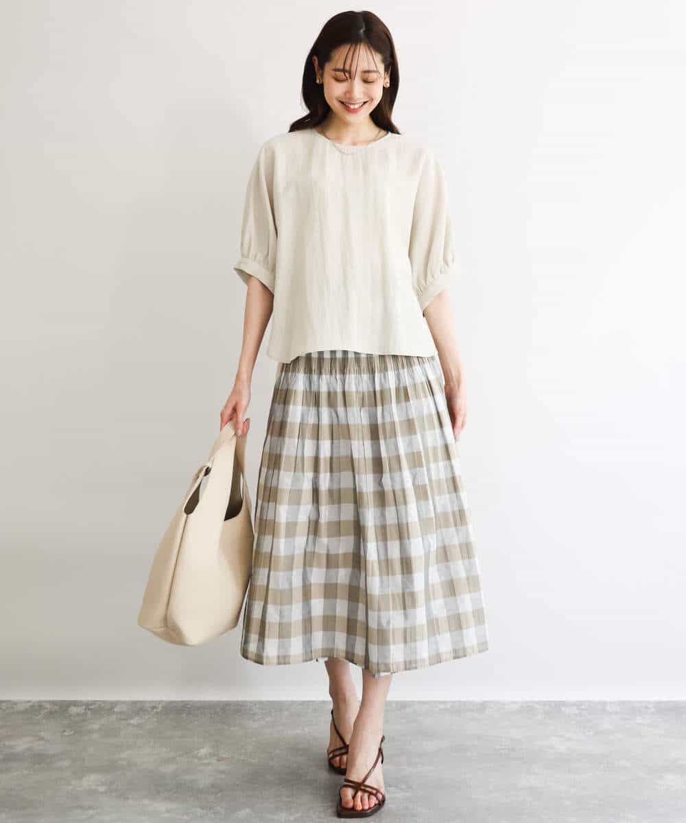 FKHGD52140 MK MICHEL KLEIN(MK ミッシェルクラン) [洗える]シアーチェックストライプ柄リバーシブルスカート ベージュ×ライトグレー