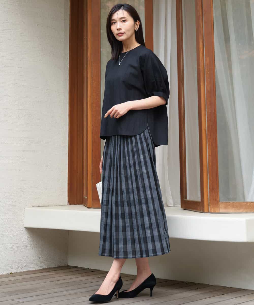 FKHGD52140 MK MICHEL KLEIN(MK ミッシェルクラン) [洗える]シアーチェックストライプ柄リバーシブルスカート ベージュ×ライトグレー