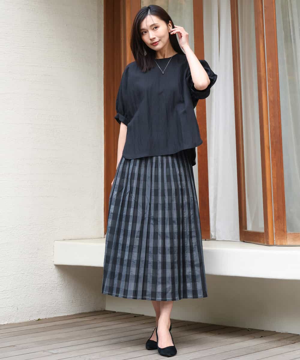 FKHGD52140 MK MICHEL KLEIN(MK ミッシェルクラン) [洗える]シアーチェックストライプ柄リバーシブルスカート ベージュ×ライトグレー