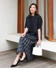 FKHGD52140 MK MICHEL KLEIN(MK ミッシェルクラン) [洗える]シアーチェックストライプ柄リバーシブルスカート ベージュ×ライトグレー