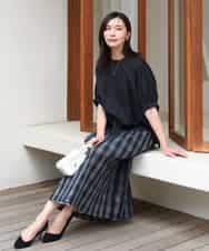 FKHGD52140 MK MICHEL KLEIN(MK ミッシェルクラン) [洗える]シアーチェックストライプ柄リバーシブルスカート ベージュ×ライトグレー