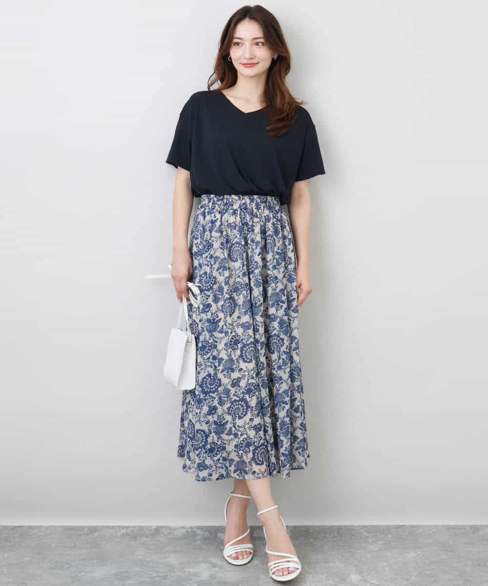 FKHHA05140 MK MICHEL KLEIN(MK ミッシェルクラン) 更紗プリント花柄シフォンスカート/洗える ベージュ