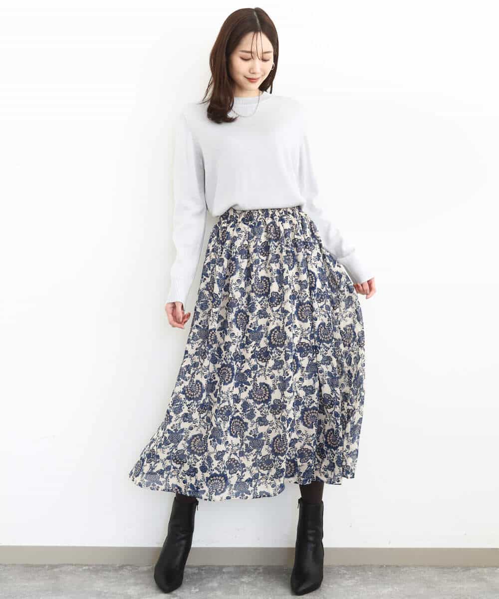 FKHHA05140 MK MICHEL KLEIN(MK ミッシェルクラン) 更紗プリント花柄シフォンスカート/洗える ベージュ