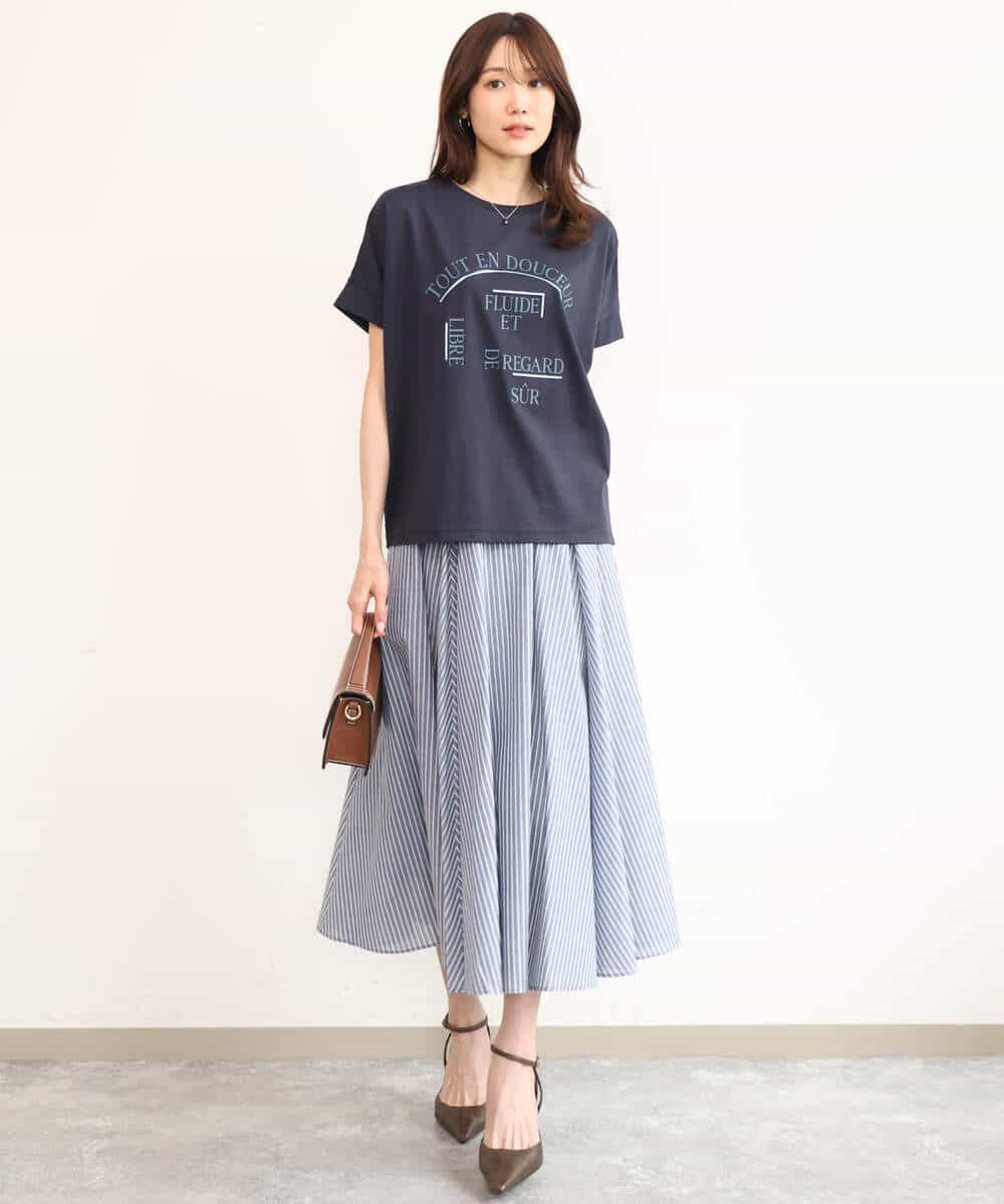 FKHJD77180 MK MICHEL KLEIN(MK ミッシェルクラン) [接触冷感/透湿性/洗える]ストライプ柄フレアースカート ネイビー