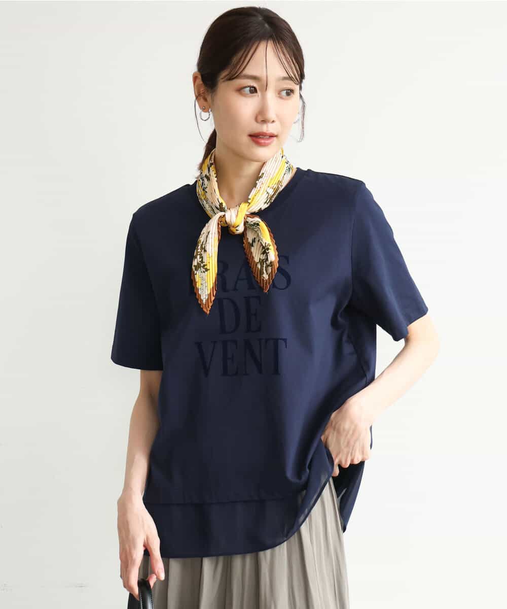 FKKJD23090 MK MICHEL KLEIN(MK ミッシェルクラン) [洗える]シフォン切替えフロッキーロゴTシャツ ネイビー