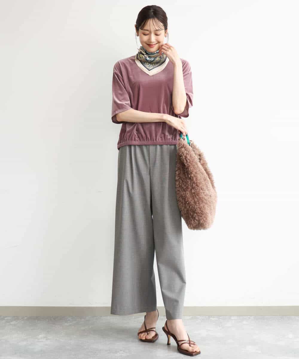 FKKJD25110 MK MICHEL KLEIN(MK ミッシェルクラン) [洗える]シアーベロア 五分袖カットソー モカベージュ