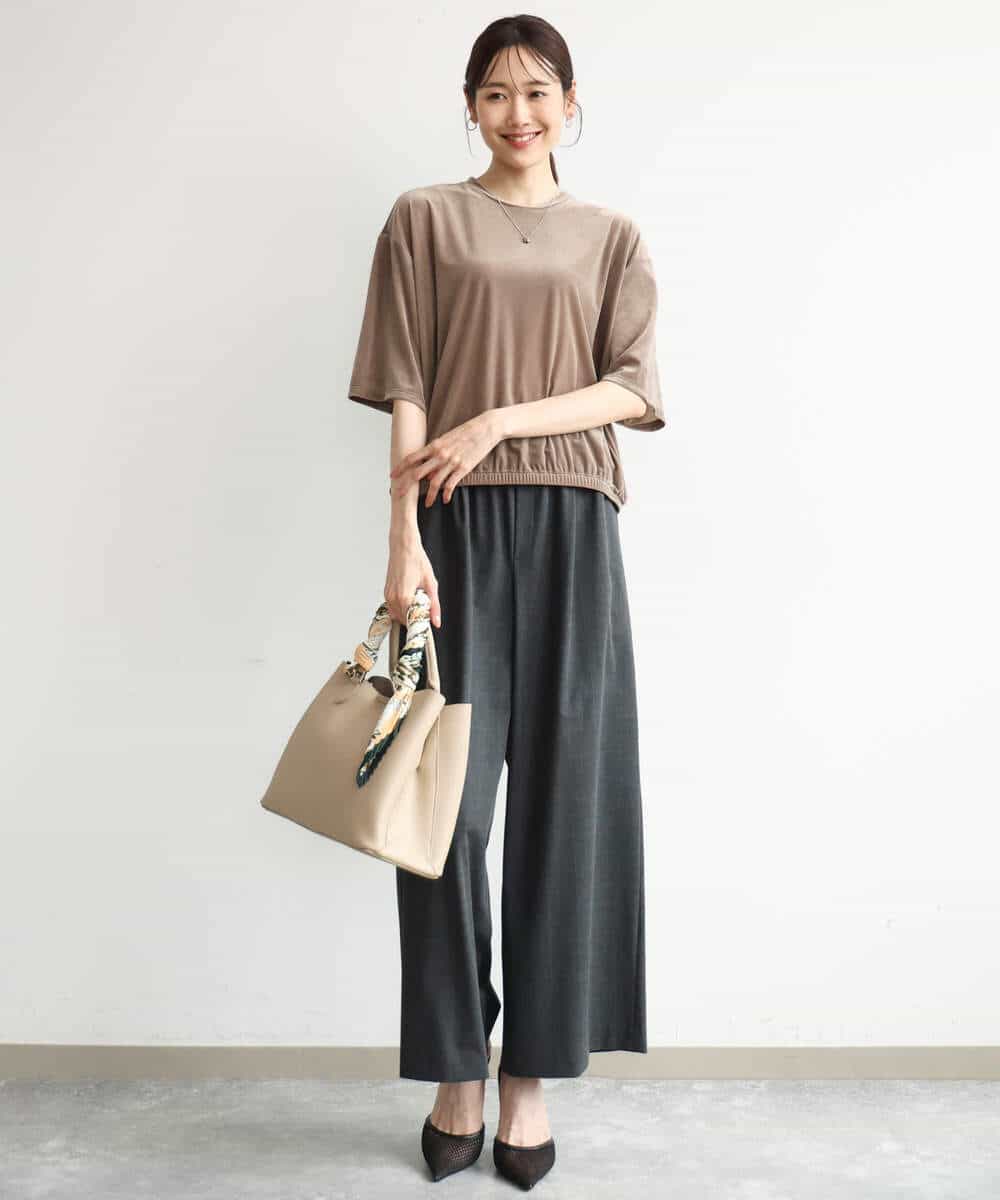 FKKJD25110 MK MICHEL KLEIN(MK ミッシェルクラン) [洗える]シアーベロア 五分袖カットソー モカベージュ