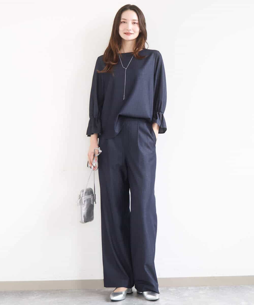 FKLGD30160 MK MICHEL KLEIN(MK ミッシェルクラン) [SANAGARAシリーズ/UVカット/接触冷感/洗える]デニムライク ワイドパンツ ネイビー