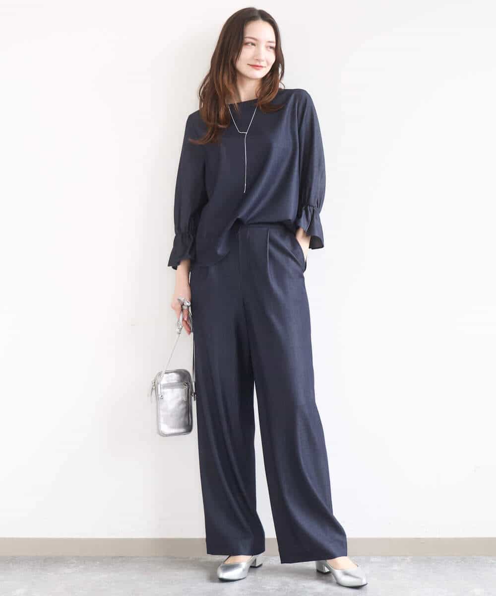 FKLGD30160 MK MICHEL KLEIN(MK ミッシェルクラン) [SANAGARAシリーズ/UVカット/接触冷感/洗える]デニムライク ワイドパンツ ネイビー