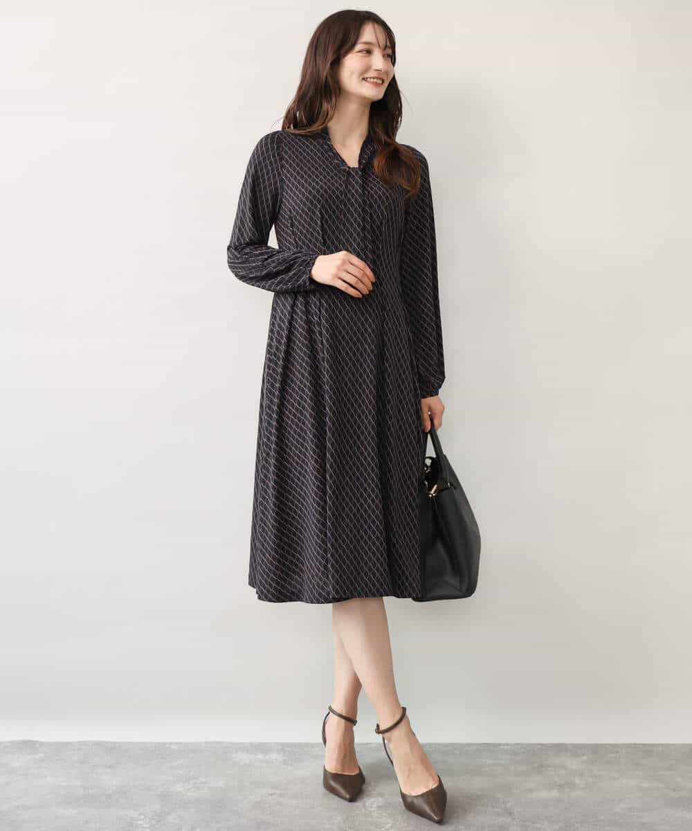 FKPJD30190 MK MICHEL KLEIN(MK ミッシェルクラン) [洗える]ダイヤ柄ジャージーワンピース ブルー
