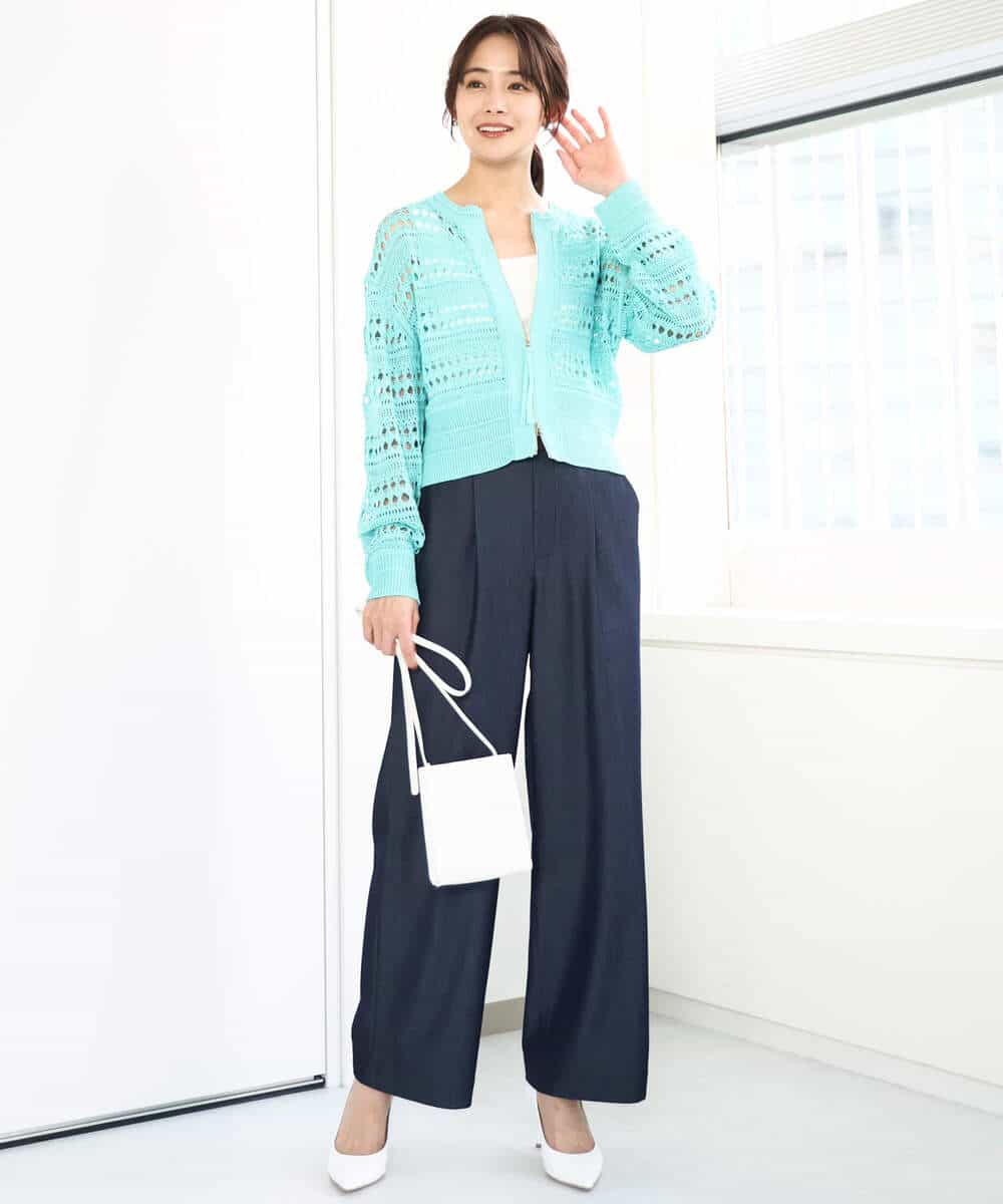 FKSGA30170 MK MICHEL KLEIN(MK ミッシェルクラン) かぎ針風編みニットブルゾン/洗える アクアブルー