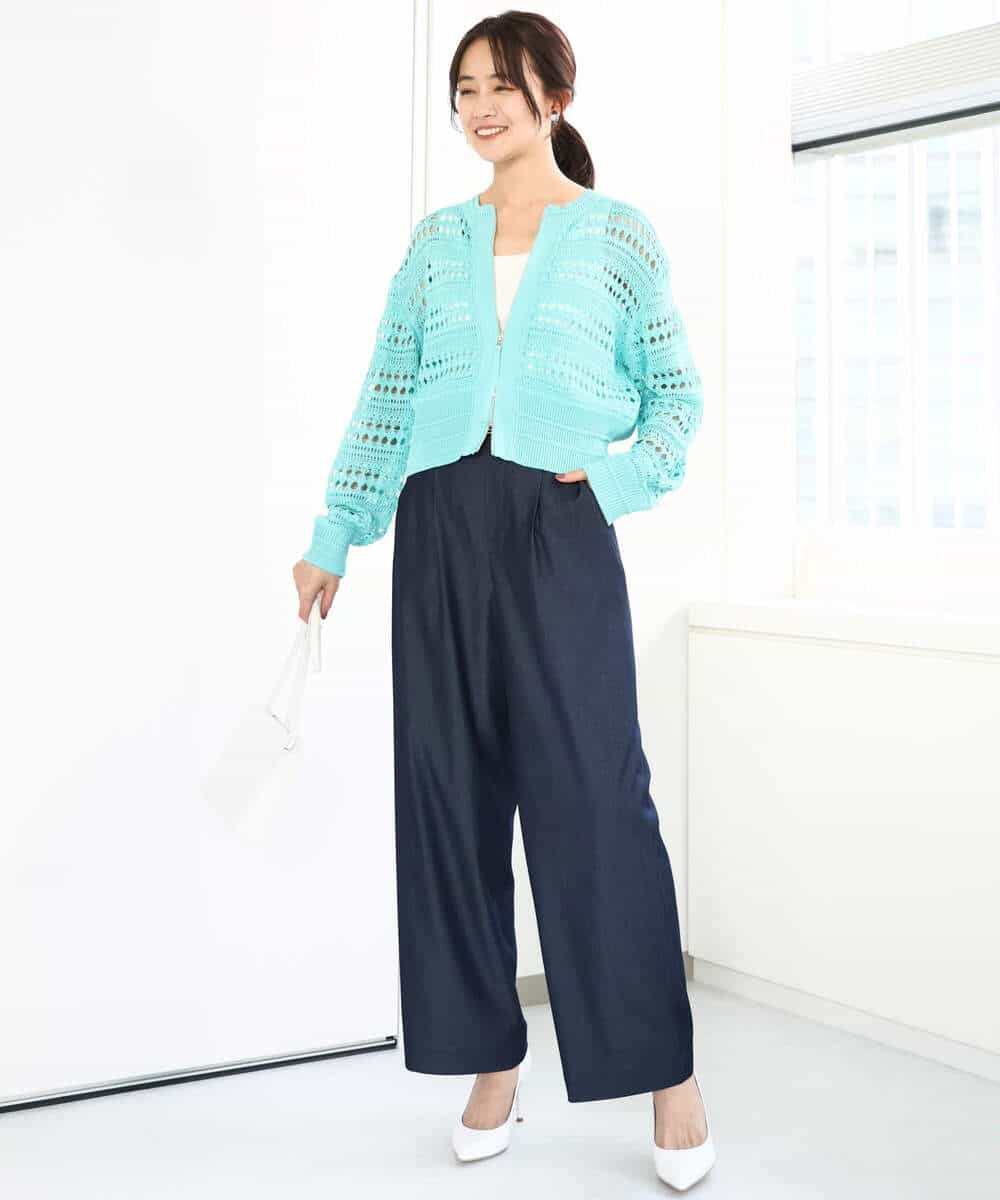 FKSGA30170 MK MICHEL KLEIN(MK ミッシェルクラン) かぎ針風編みニットブルゾン/洗える アクアブルー