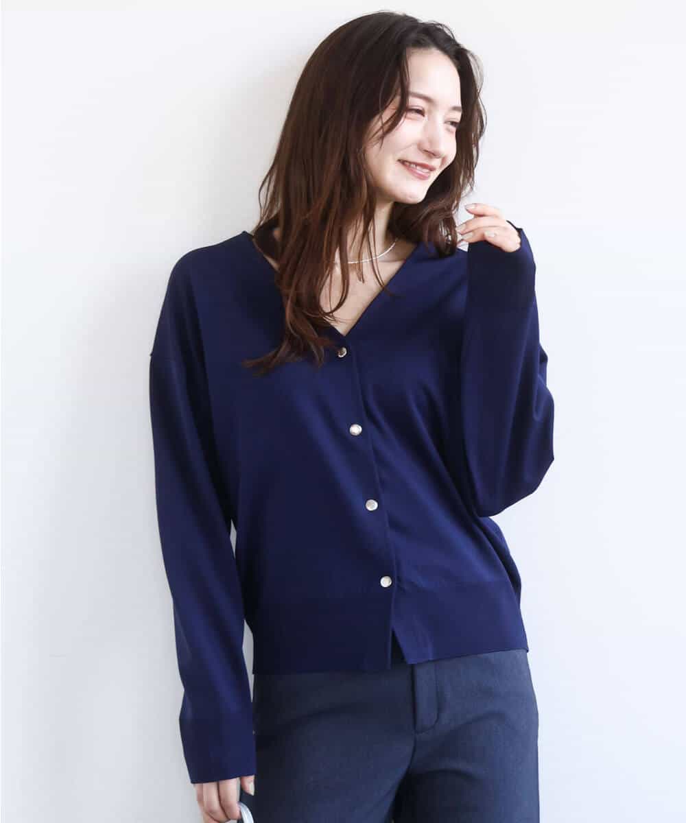 FKSGD21160 MK MICHEL KLEIN(MK ミッシェルクラン) [洗える]ドット釦Vネックカーディガン(無地・ボーダー) パープル（無地）