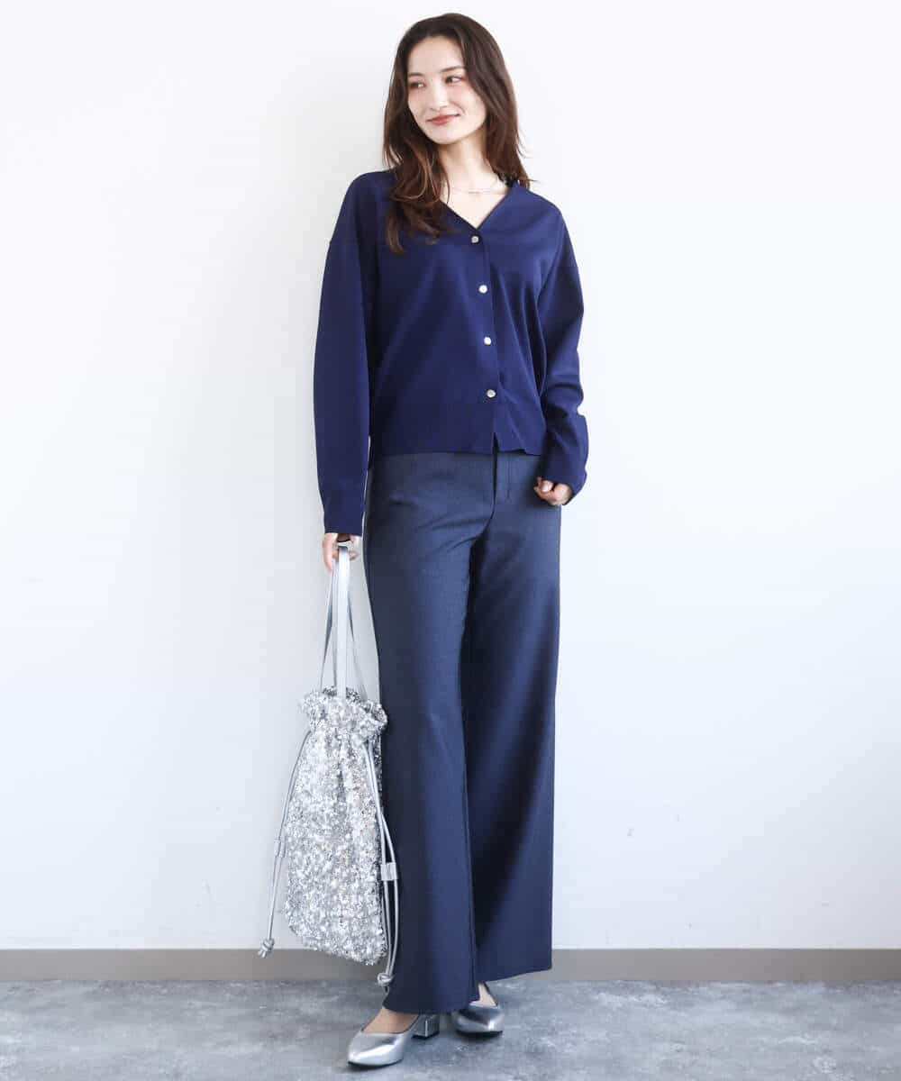 FKSGD21160 MK MICHEL KLEIN(MK ミッシェルクラン) [洗える]ドット釦Vネックカーディガン(無地・ボーダー) パープル（無地）