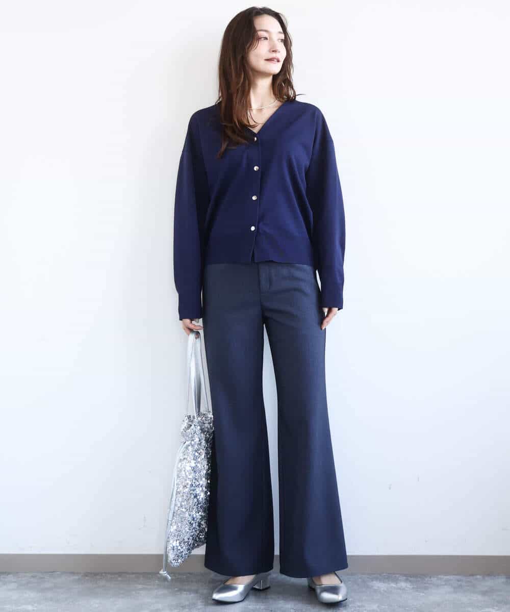 FKSGD21160 MK MICHEL KLEIN(MK ミッシェルクラン) [洗える]ドット釦Vネックカーディガン(無地・ボーダー) パープル（無地）