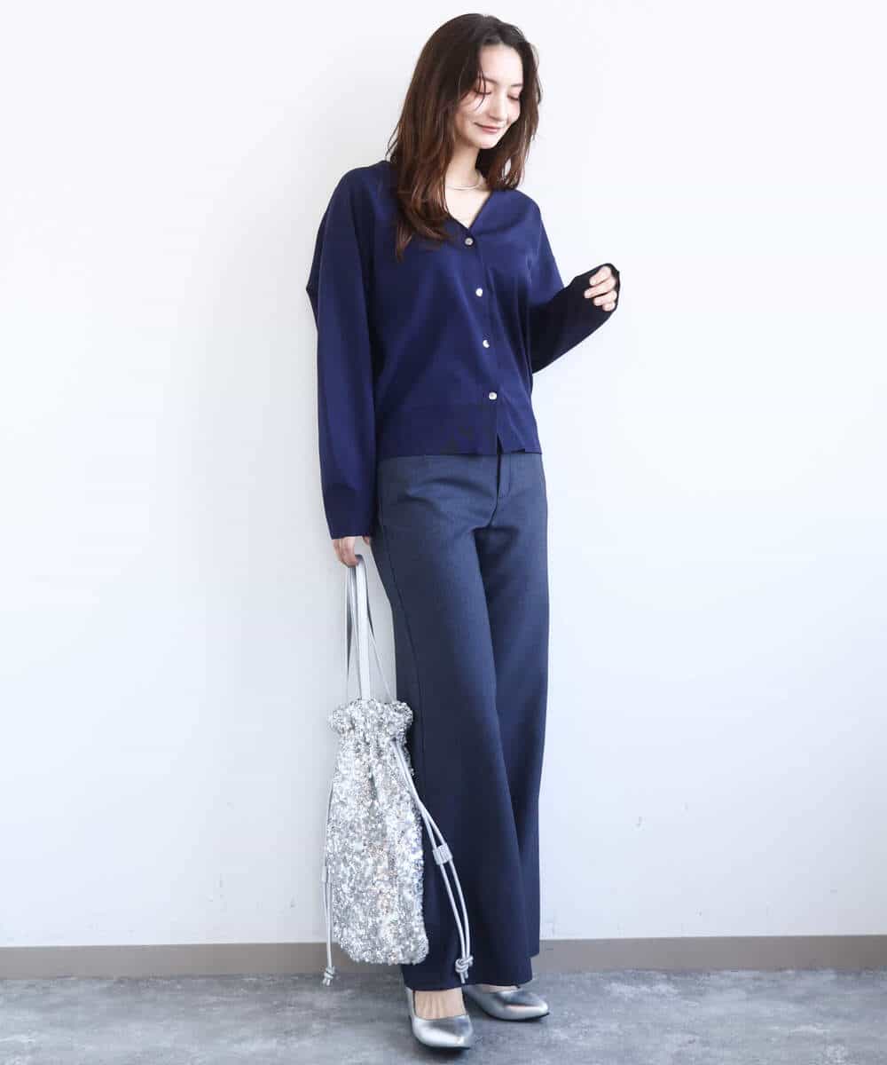FKSGD21160 MK MICHEL KLEIN(MK ミッシェルクラン) [洗える]ドット釦Vネックカーディガン(無地・ボーダー) パープル（無地）