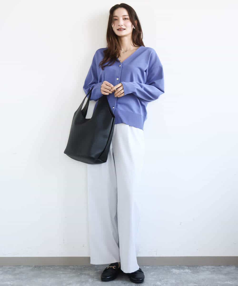 FKSGD21160 MK MICHEL KLEIN(MK ミッシェルクラン) [洗える]ドット釦Vネックカーディガン(無地・ボーダー) パープル（無地）