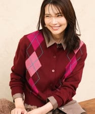 FKSJD30160 MK MICHEL KLEIN(MK ミッシェルクラン) [洗える]配色アーガイル柄ニットカーディガン ワイン
