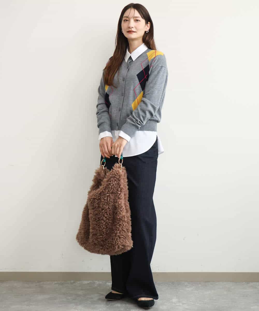 FKSJD30160 MK MICHEL KLEIN(MK ミッシェルクラン) [洗える]配色アーガイル柄ニットカーディガン グレー