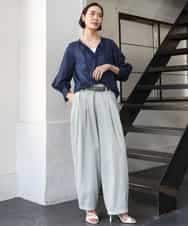 FMBGE10360 MICHEL KLEIN(ミッシェルクラン) [セットアップ対応]ライトワッフルリボンスキッパーブラウス ネイビー