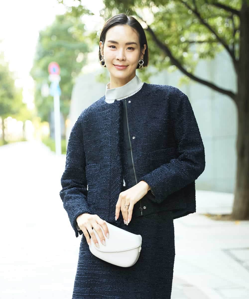 FMDDD02430 MICHEL KLEIN(ミッシェルクラン) [セットアップ対応]ファンシーツイードノーカラージャケット ネイビー