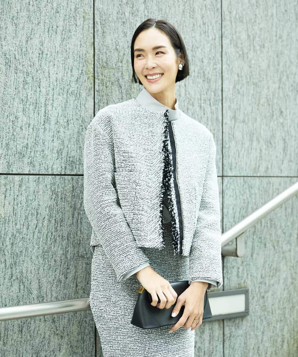 FMDDD02430 MICHEL KLEIN(ミッシェルクラン) [セットアップ対応]ファンシーツイードノーカラージャケット グレー