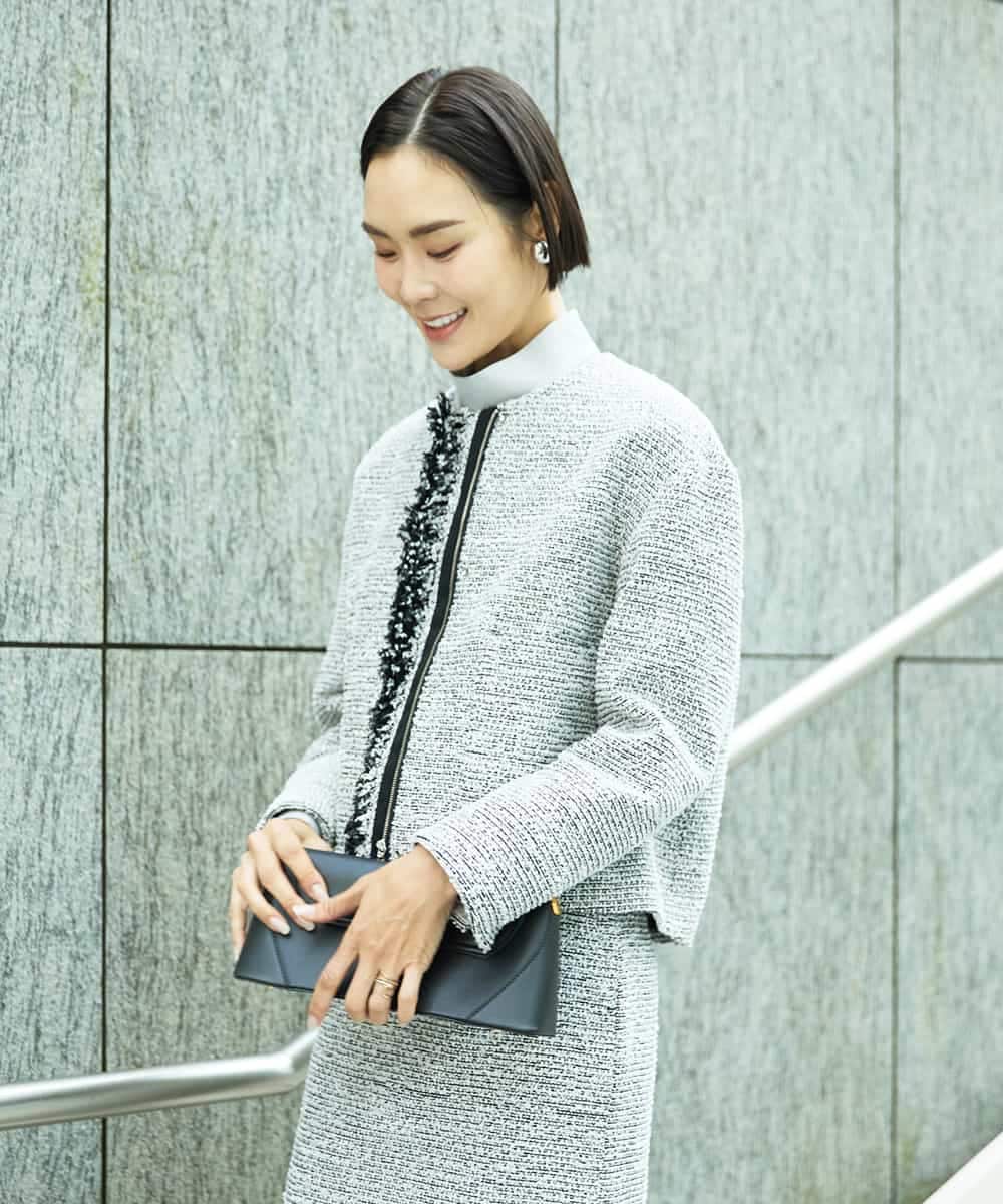 FMDDD02430 MICHEL KLEIN(ミッシェルクラン) [セットアップ対応]ファンシーツイードノーカラージャケット グレー