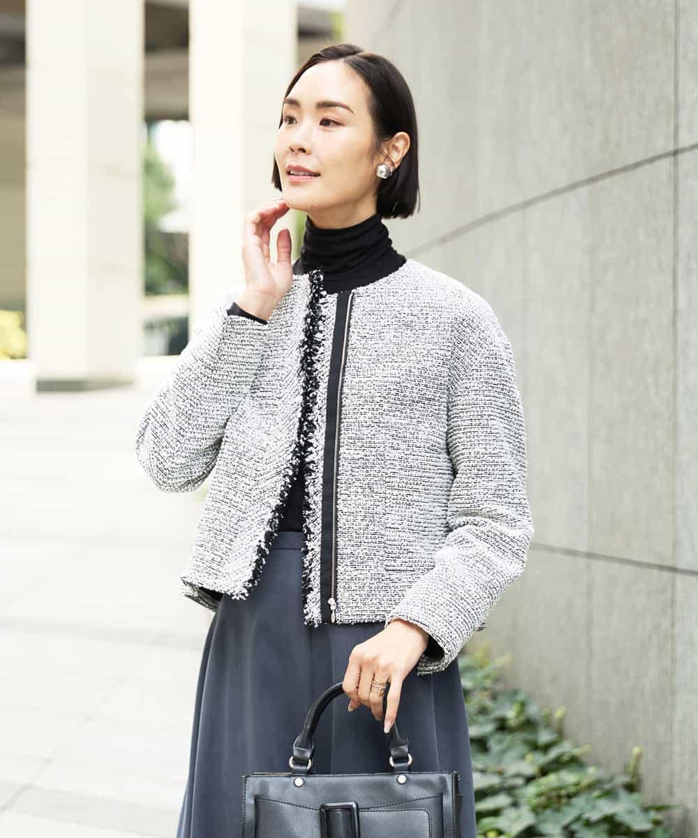 FMDDD02430 MICHEL KLEIN(ミッシェルクラン) [セットアップ対応]ファンシーツイードノーカラージャケット グレー