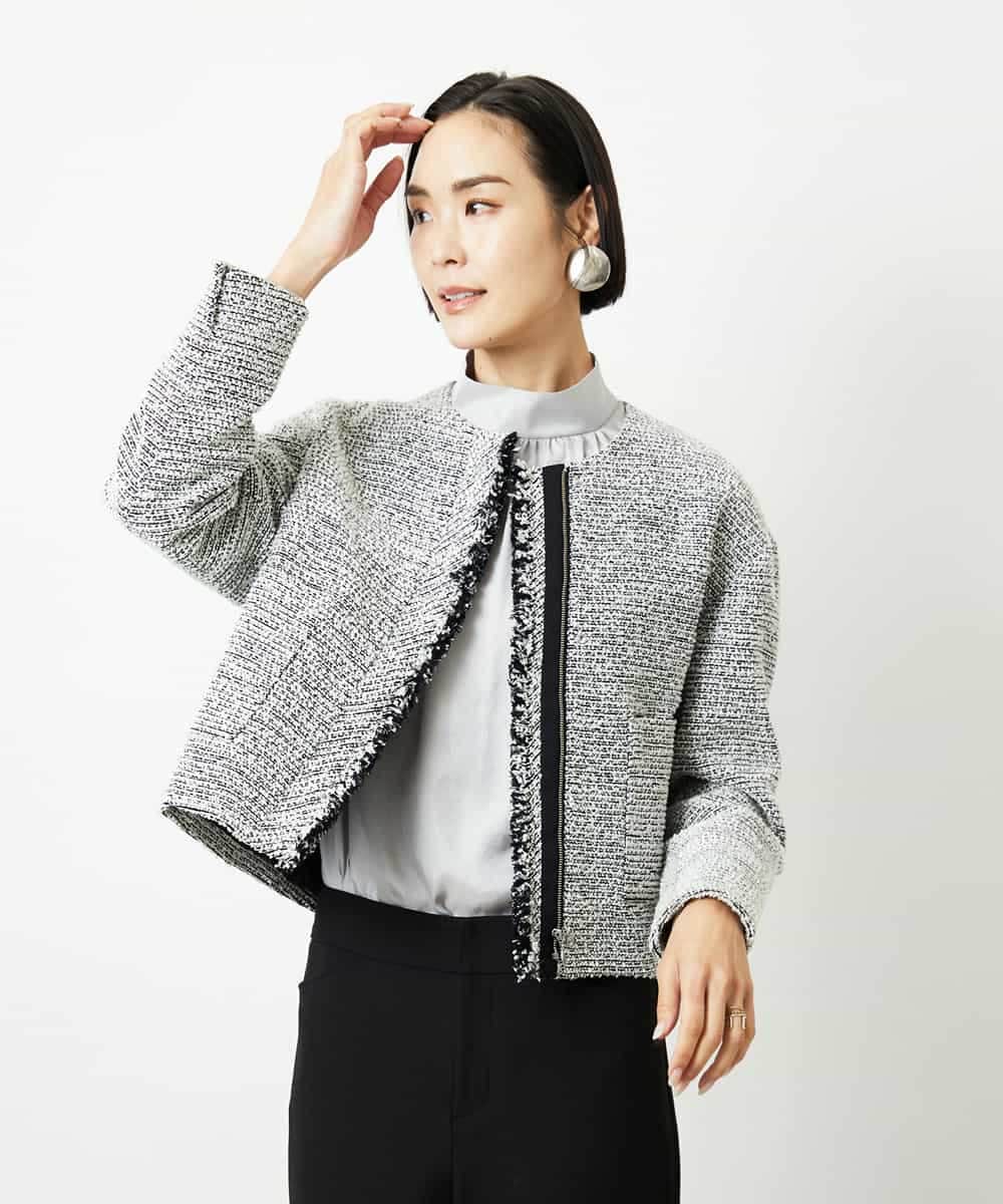 FMDDD02430 MICHEL KLEIN(ミッシェルクラン) [セットアップ対応]ファンシーツイードノーカラージャケット グレー