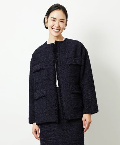FMDDD03450 MICHEL KLEIN [セットアップ対応]ファンシーツイードロングノーカラージャケット