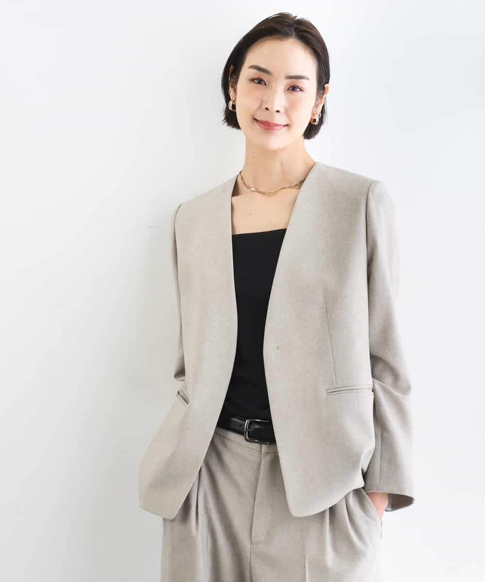 FMDGD05420 MICHEL KLEIN(ミッシェルクラン) [セットアップ対応]ツイードライク ノーカラージャケット ベージュ