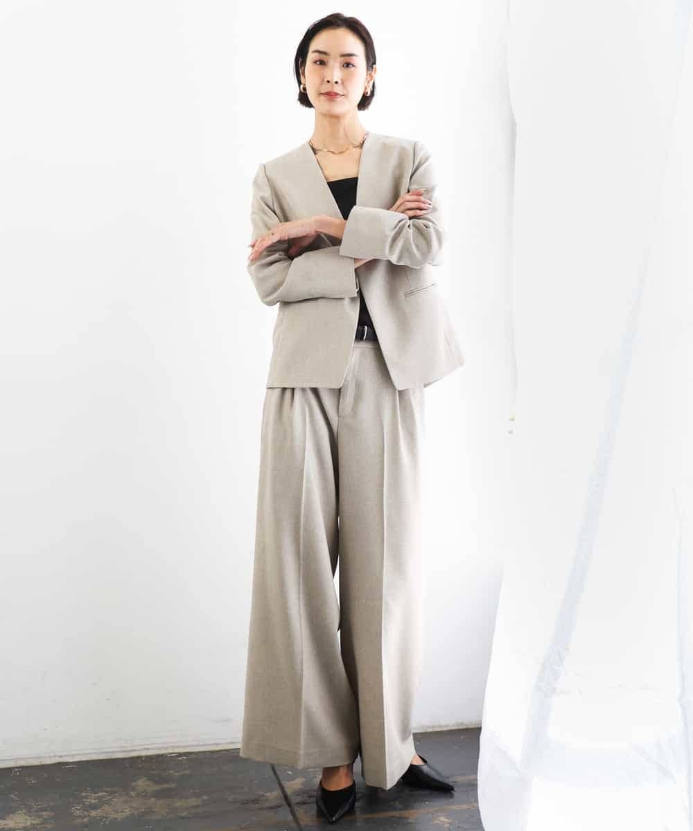 FMDGD05420 MICHEL KLEIN(ミッシェルクラン) [セットアップ対応]ツイードライク ノーカラージャケット ベージュ