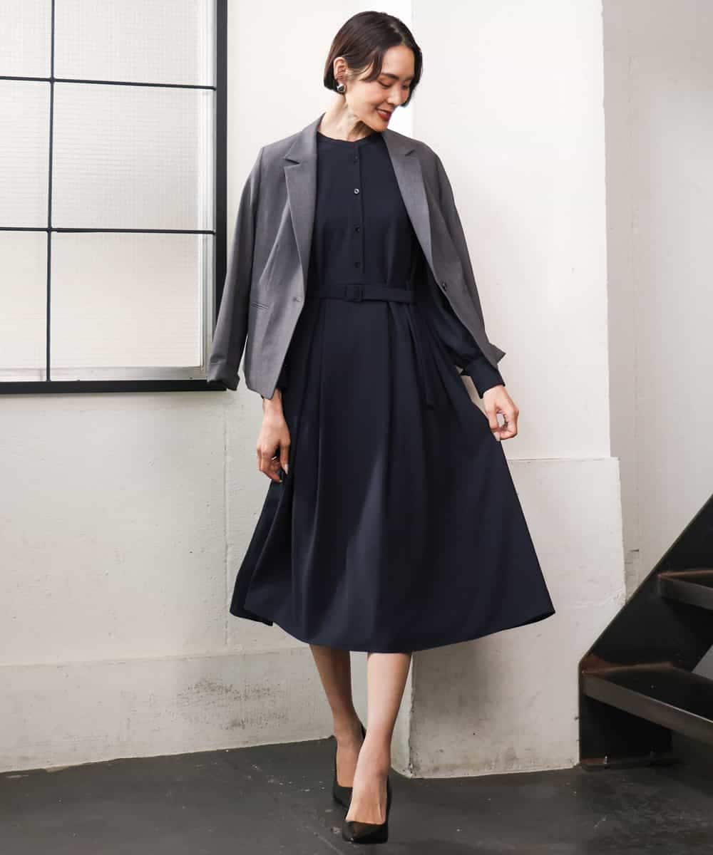 FMEAG04380 MICHEL KLEIN(ミッシェルクラン) タックフレアベルトワンピース ネイビー