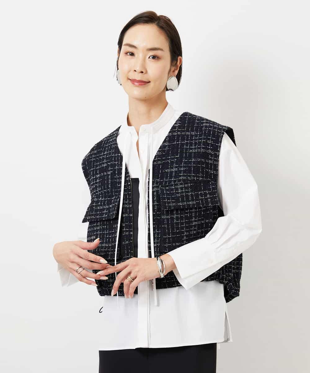 FMJDD11330 MICHEL KLEIN(ミッシェルクラン) ファンシーツイード フィッシャーマンジレ ネイビー