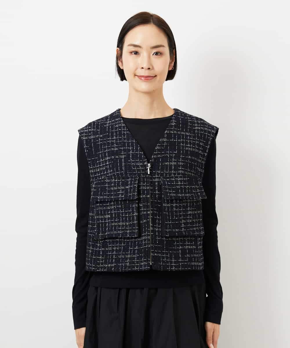 FMJDD11330 MICHEL KLEIN(ミッシェルクラン) ファンシーツイード フィッシャーマンジレ ネイビー