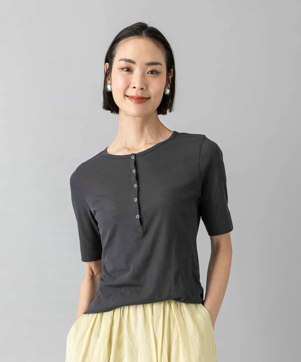 FMKGD16160 MICHEL KLEIN(ミッシェルクラン) [アンサンブル対応]リングドットヘンリーネックTシャツ ダークグレー