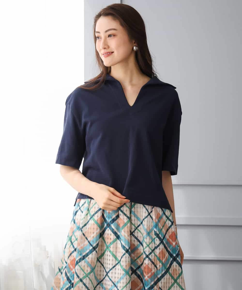 FMKGD18160 MICHEL KLEIN(ミッシェルクラン) 裏毛スキッパーカットソー ネイビー