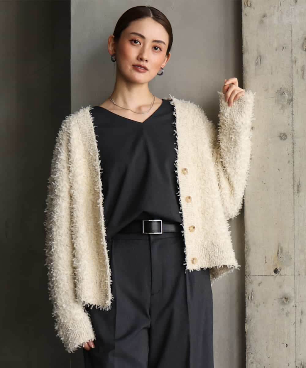 FMSAG40260 MICHEL KLEIN(ミッシェルクラン) リボンヤーンVネックカーディガン アイボリー