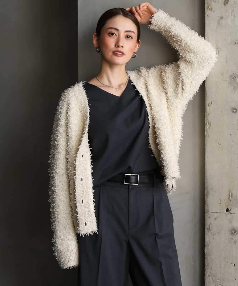 FMSAG40260 MICHEL KLEIN(ミッシェルクラン) リボンヤーンVネックカーディガン ベージュ