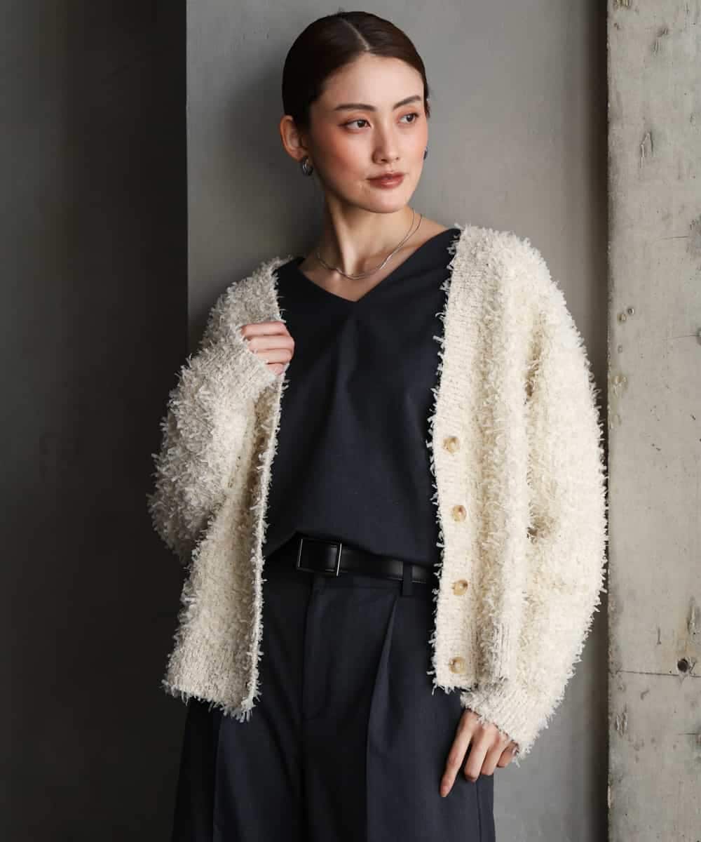 FMSAG40260 MICHEL KLEIN(ミッシェルクラン) リボンヤーンVネックカーディガン ベージュ