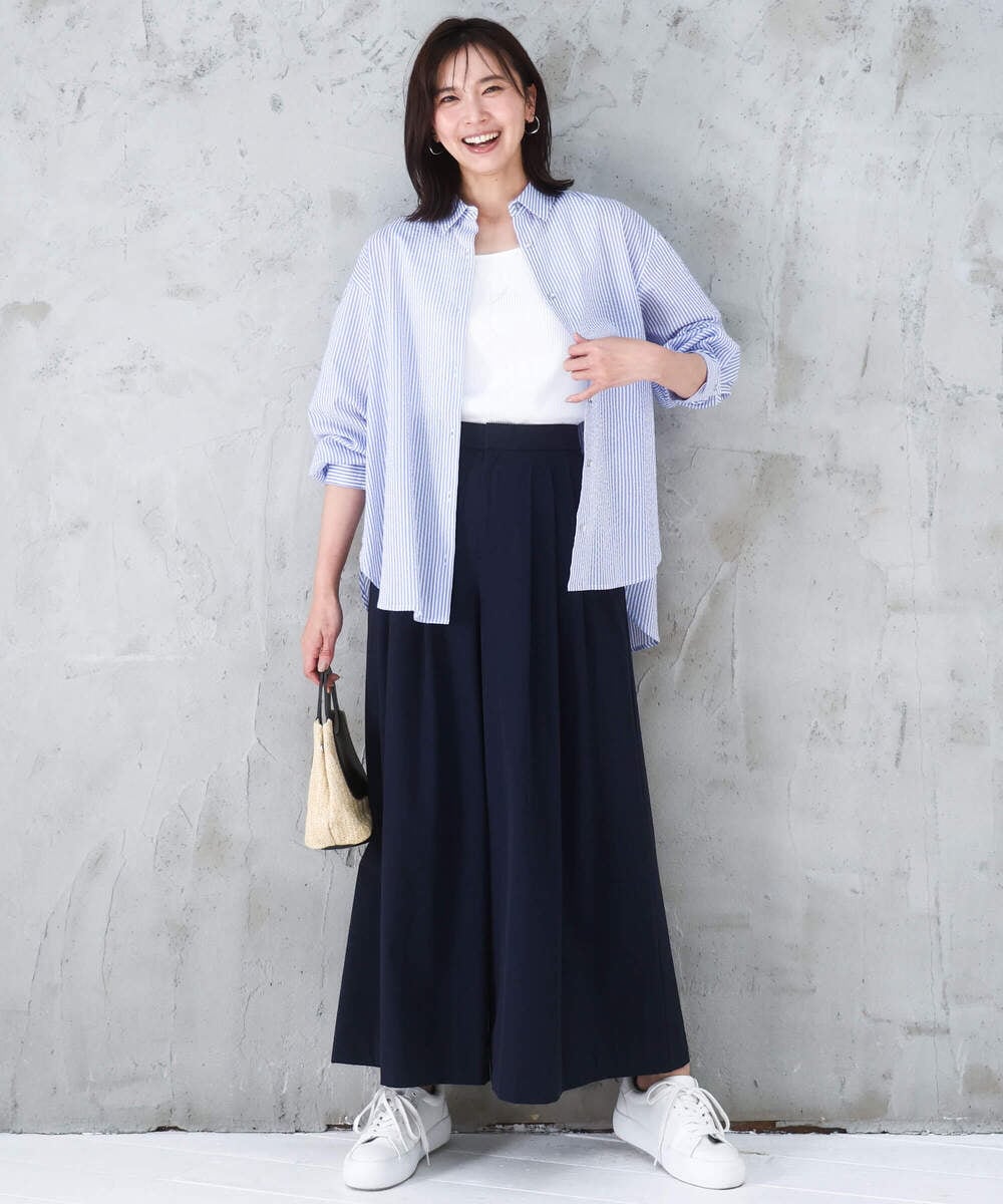FOBGD46150 MK MICHEL KLEIN(MK ミッシェルクラン) [洗える]ストライプ柄サッカーシャツブラウス ネイビー