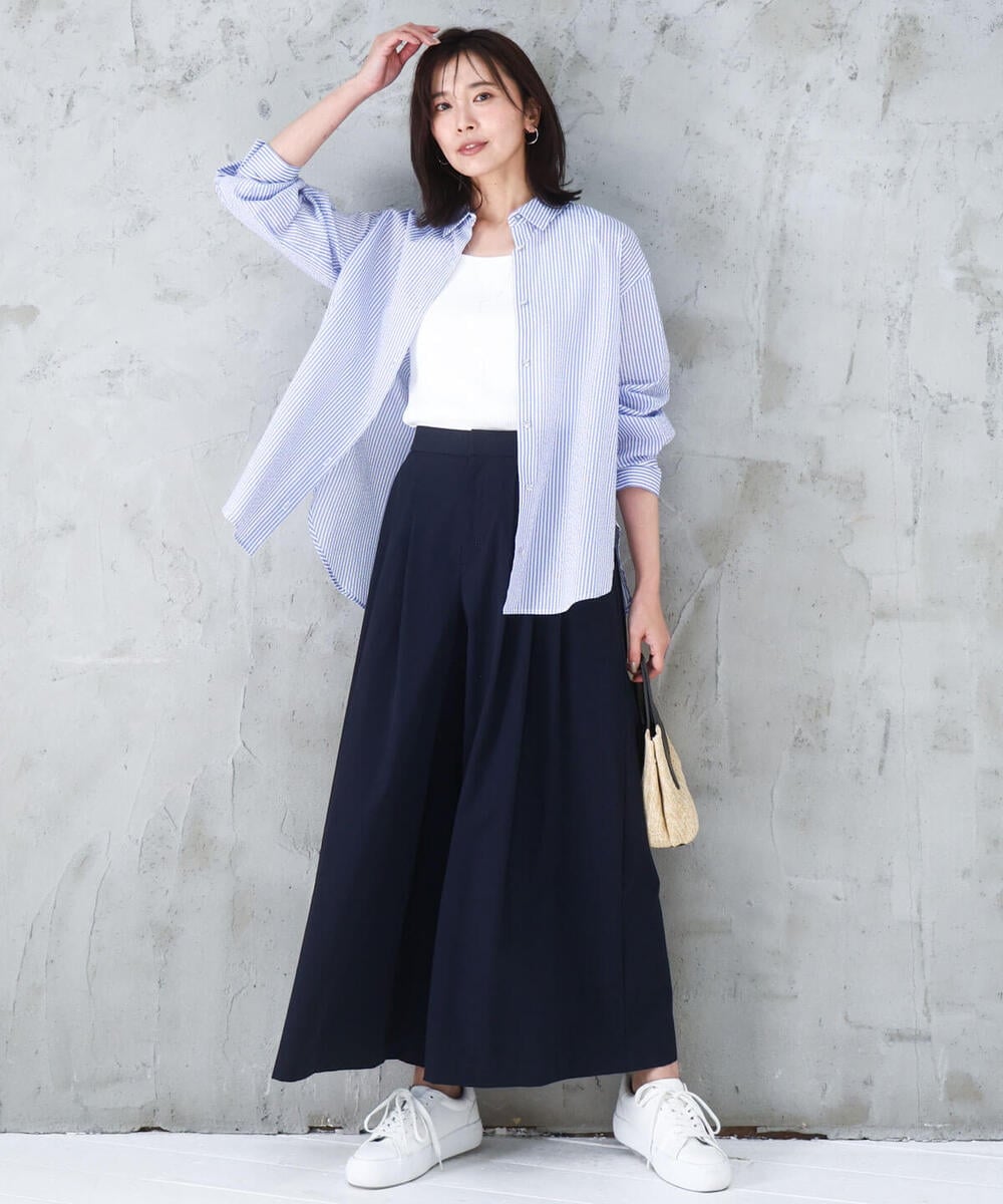 FOBGD46150 MK MICHEL KLEIN(MK ミッシェルクラン) [洗える]ストライプ柄サッカーシャツブラウス ネイビー